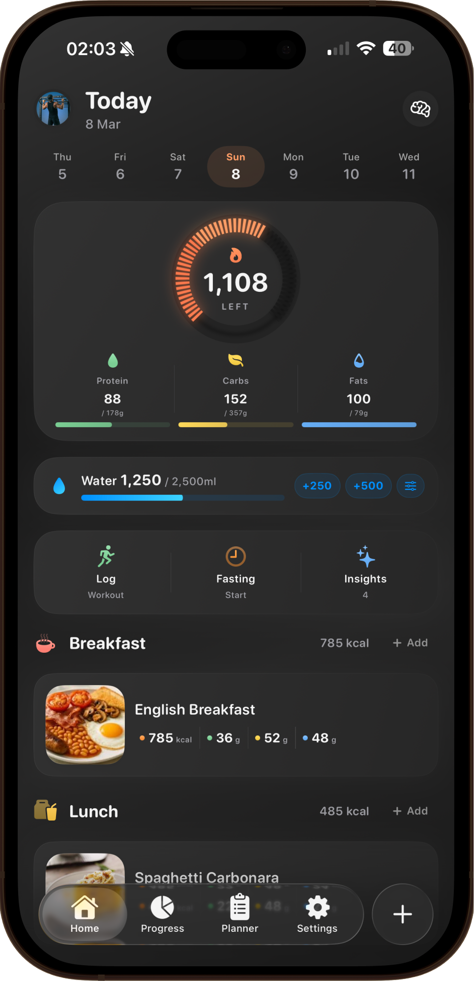 CHAR app dashboard showing calorie tracking, macros, and health metrics