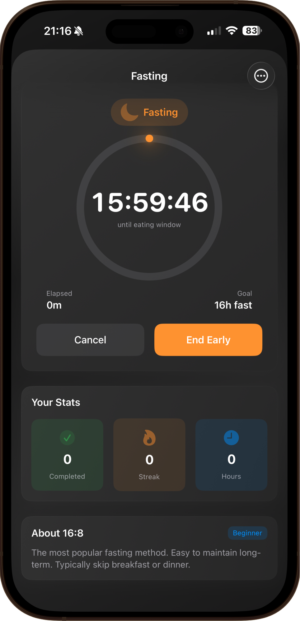 CHAR fasting timer with progress ring and protocol selection
