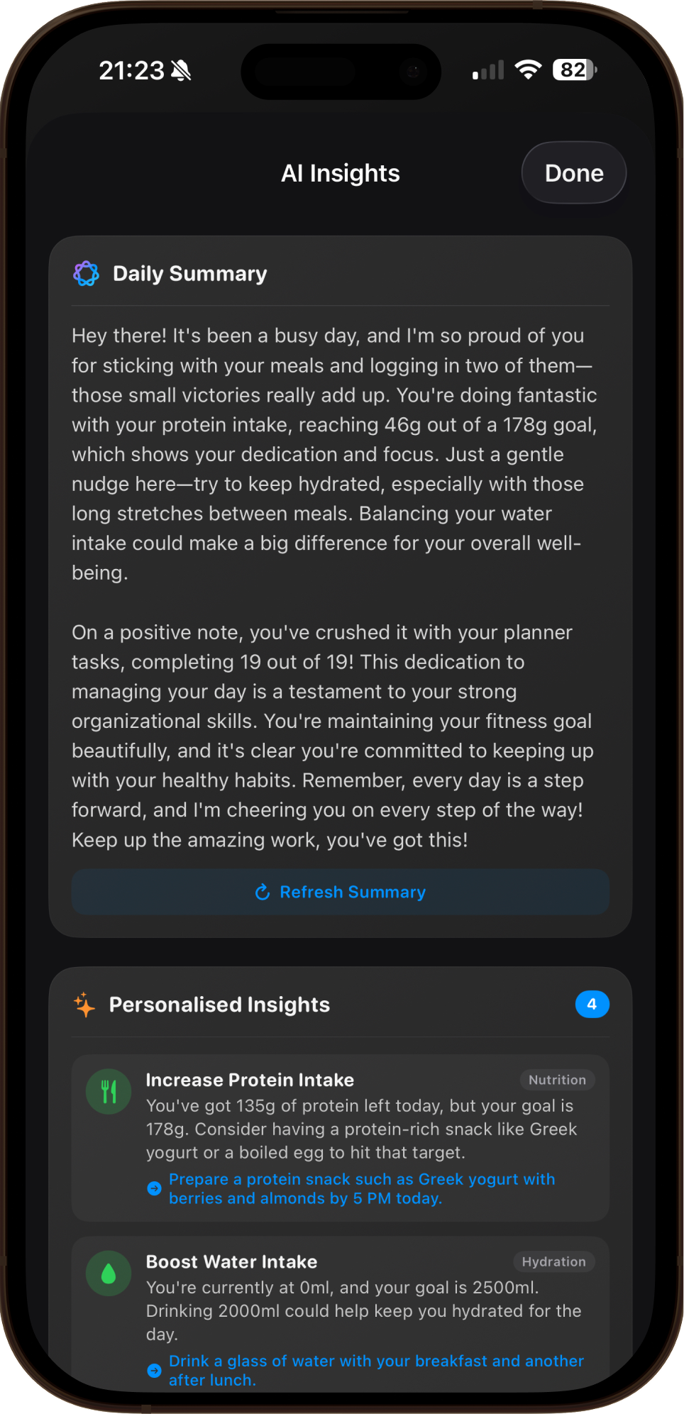 CHAR AI insights showing weekly nutrition patterns and personalised suggestions