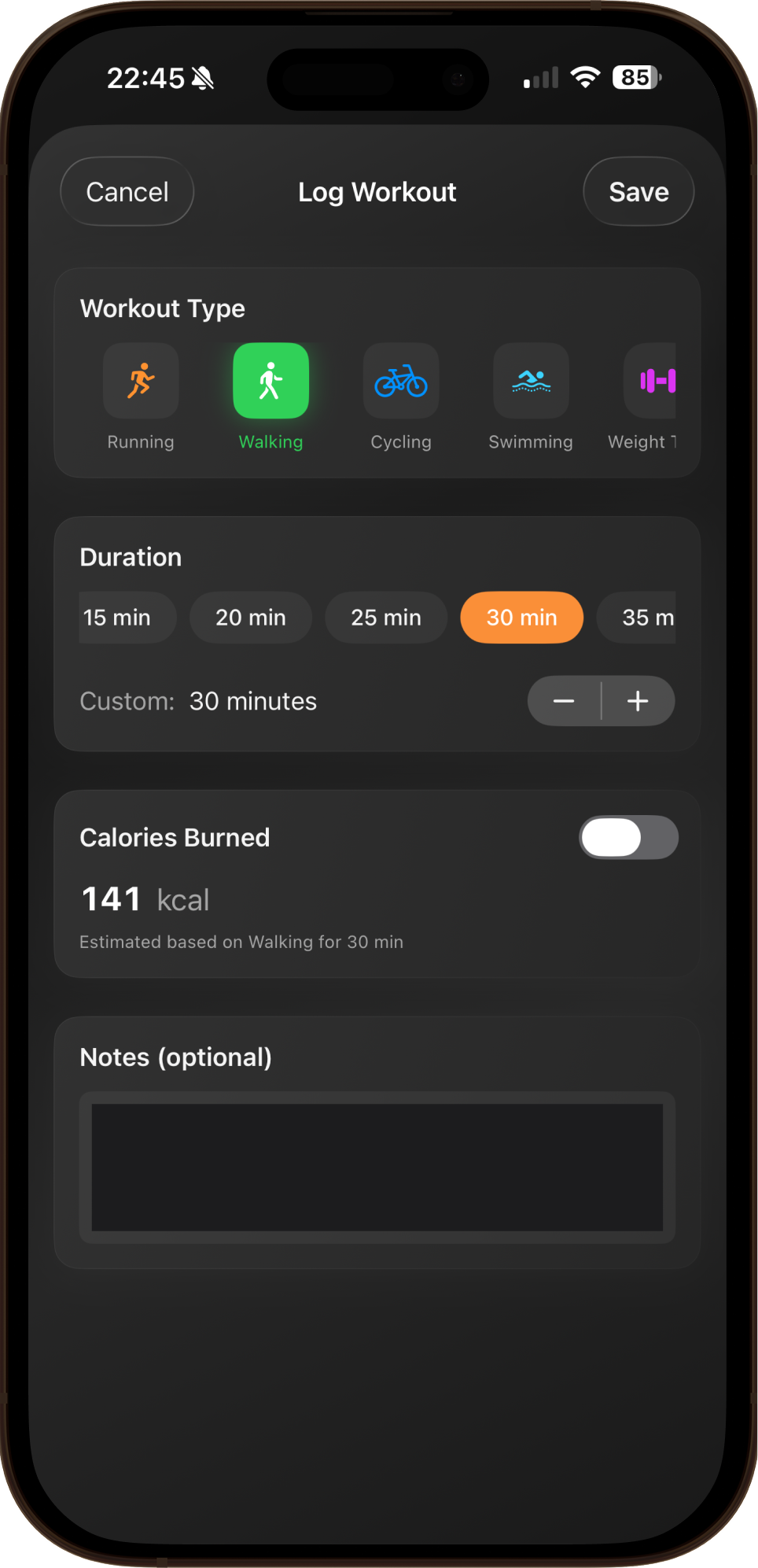 CHAR workout logging with exercise tracking and calorie burn